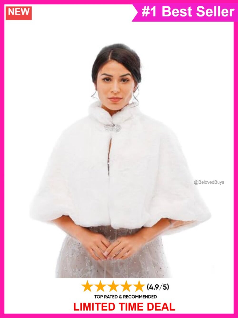 Faux Fur Wedding Wrap Shawl with Rhinestone Brooch Bridal Stole